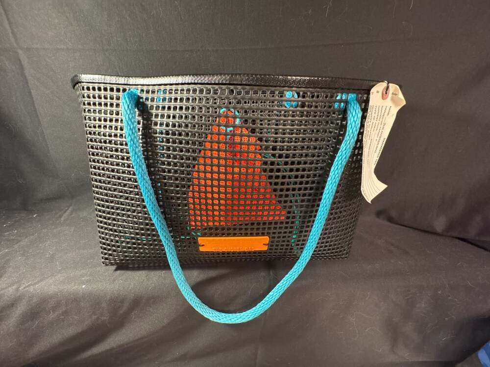 The Oyster Bag The Market Black Mesh Tote Bag with Blue Handles